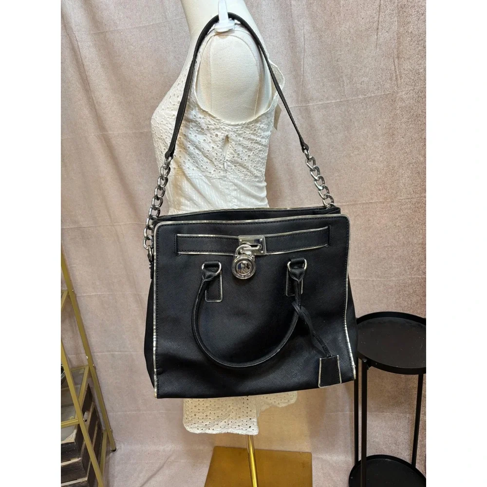 Michael Kors Hamilton Black Saffiano Leather‎ Tote Bag Silver Hardware Large